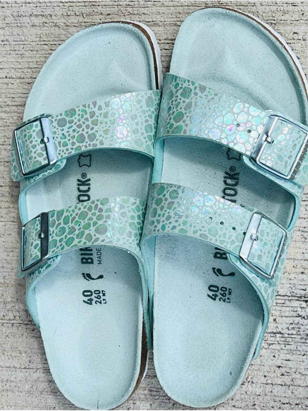 Birkenstock Women’s Light Aqua Iridescent Mermaid Two-Buckle Arizona Sandals 40